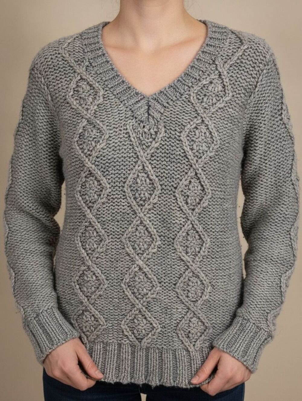 Vintage Montgomery Ward Womens Sz 40 V Neck Cable Knit Sweater Blue Gray 1960s